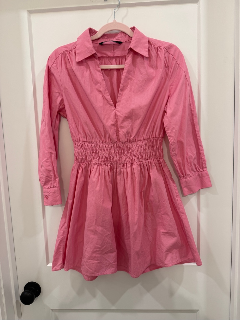 EUC Zara 100% Cotton Pink  Collared Smocked-Waist Shirt Dress